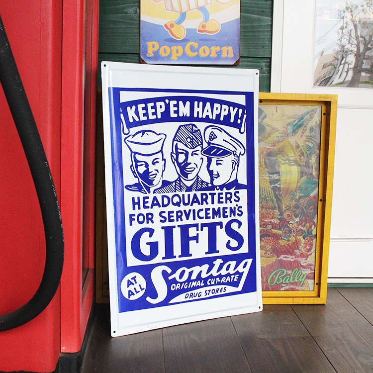 ヴィンテージホーロー看板 KEEP EM HAPPY! GIFTS 縦65×横45cm 1点モノ