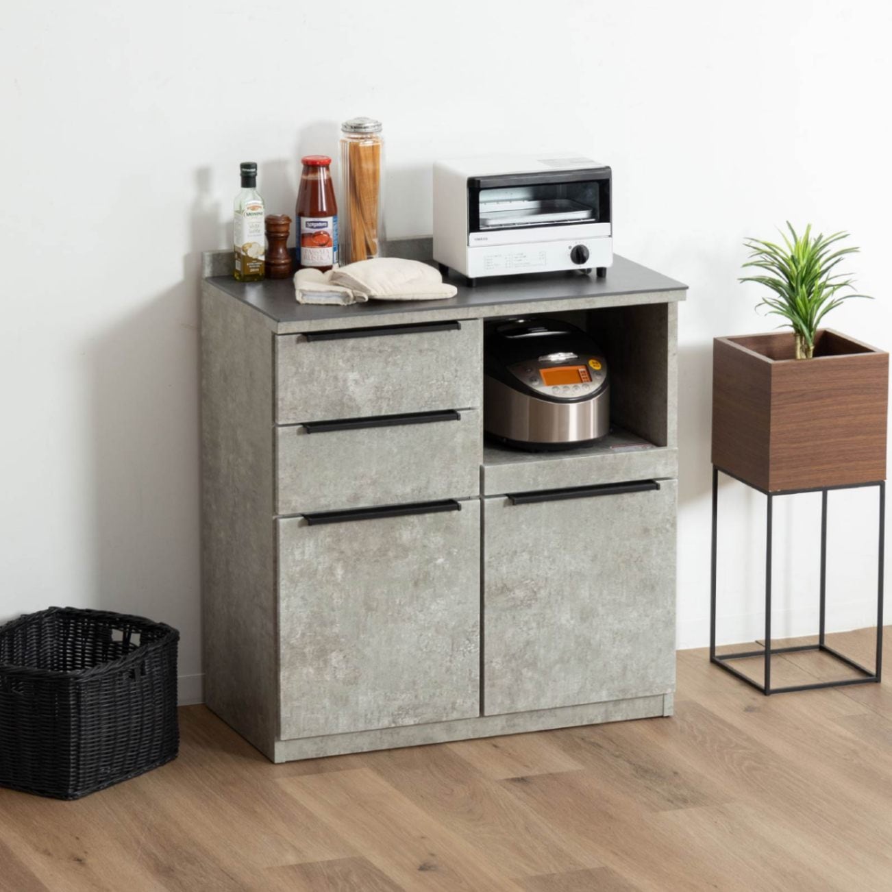 幅80］セラミック キッチンカウンター｜収納 耐熱性 コンセント付き