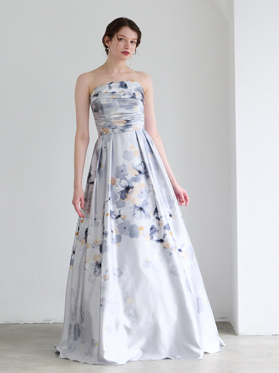 Mist/サテン×フラワープリントロングドレス(M ライトグレー): AIMER
