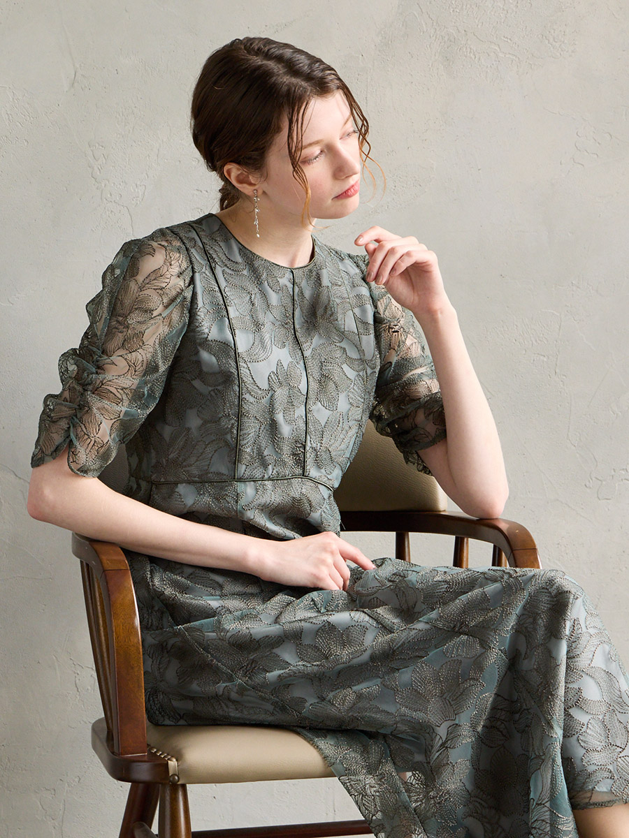 試着キャンペーン対象】エンブロイダリーチュールパイピングドレス(S