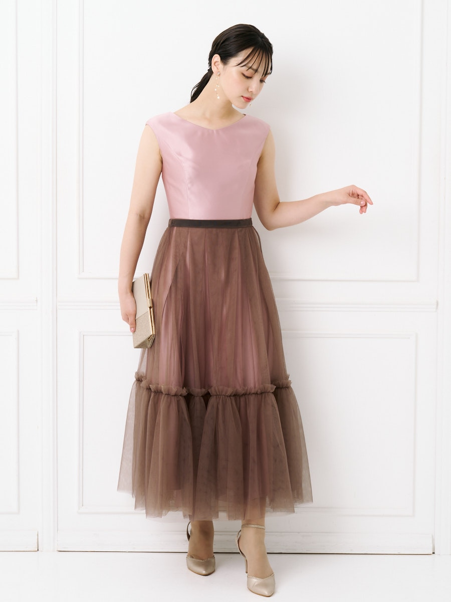 3WAYチュールスカート付きフィット＆フレアドレス(M ピンクベージュ