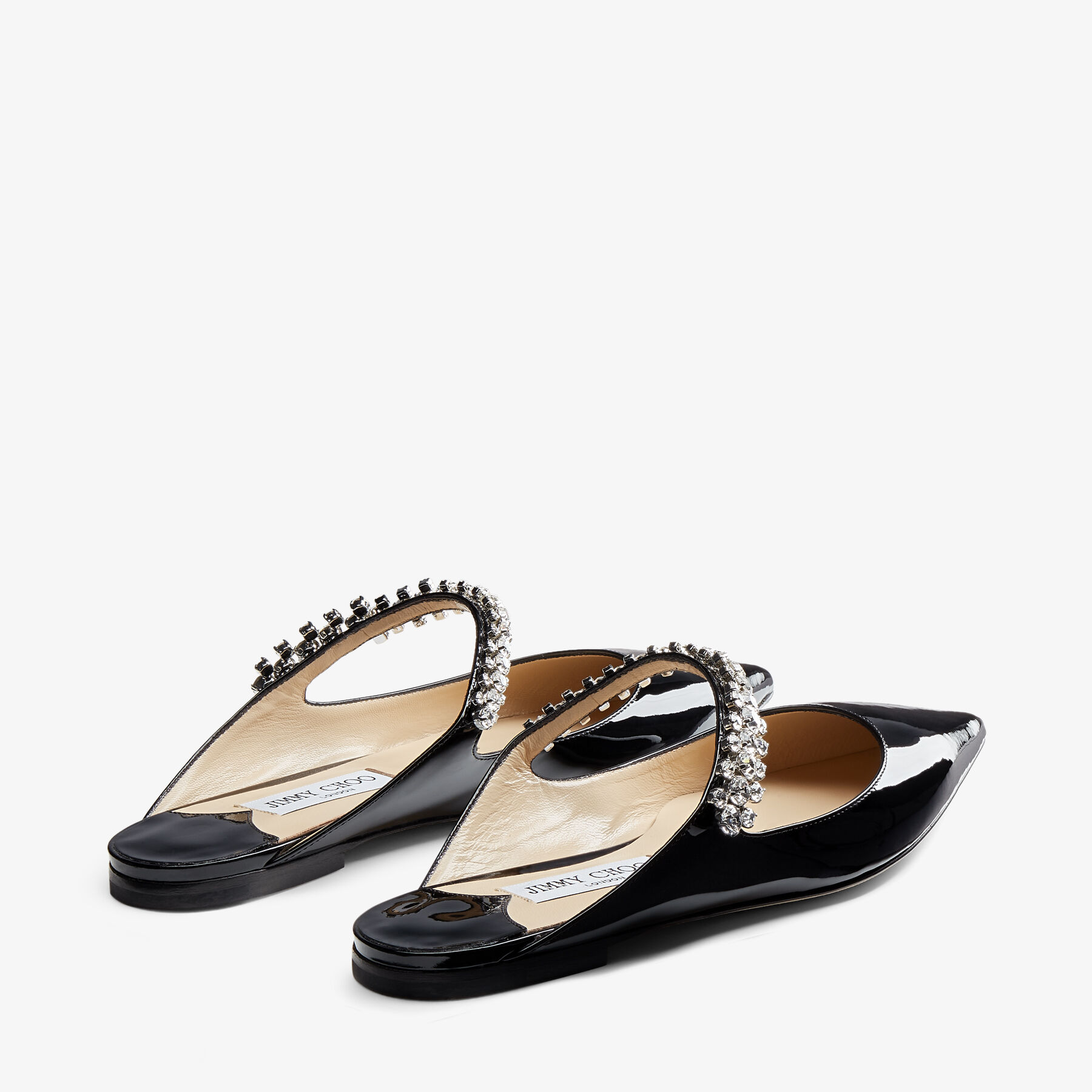 Bing Flat | Black Patent Leather Mules with Crystal Strap | JIMMY CHOO