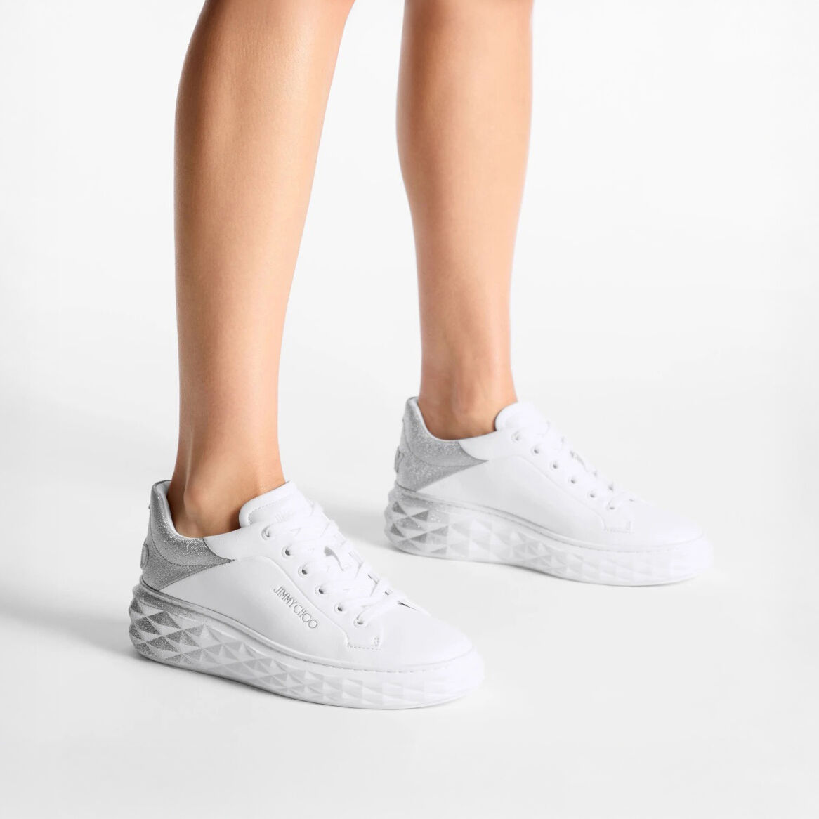 Diamond Maxi/F II | White & Silver Nappa Leather Glitter Trainers
