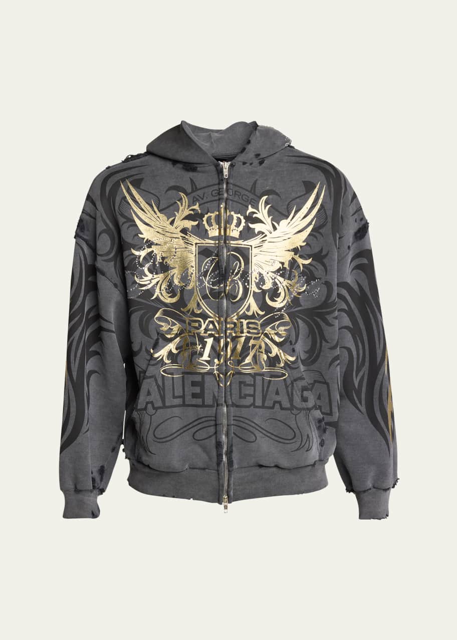 Balenciaga Men's Terry Metallic Tattoo Zip Hoodie - Bergdorf Goodman