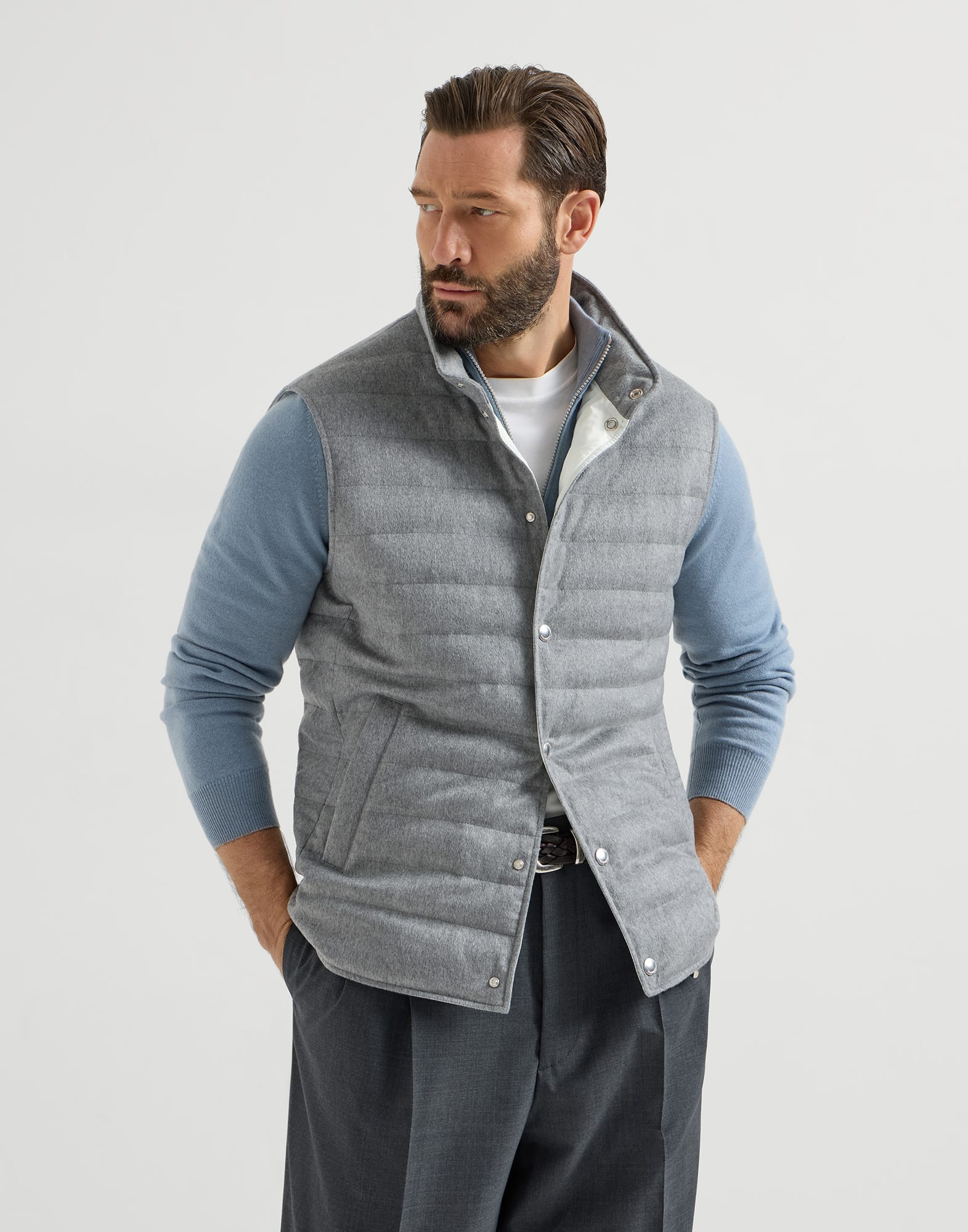 Cashmere flannel down jacket for Man in Grey | Brunello Cucinelli