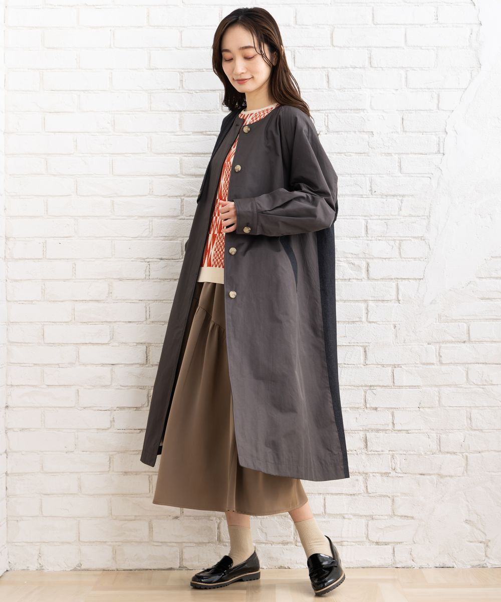 大きいサイズ レディース ノーカラーコート ロング丈 デニム切替