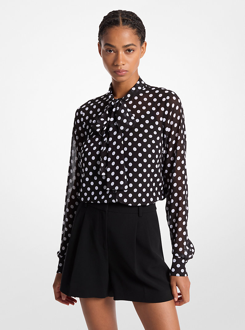 Polka Dot Georgette Tie-Neck Blouse in BLACK/WHITE - Sale