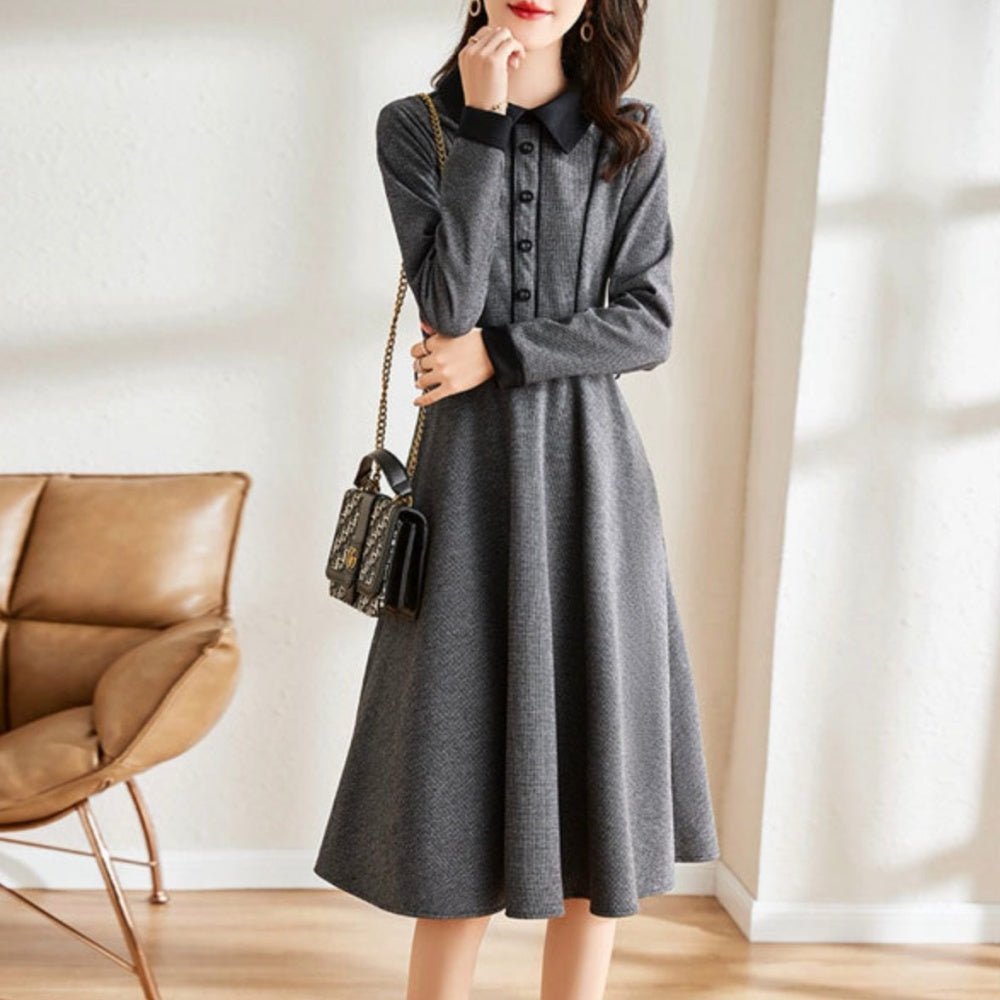 襟付き腰ベルトロングワンピース｜オフィスカジュアル レディース 通販