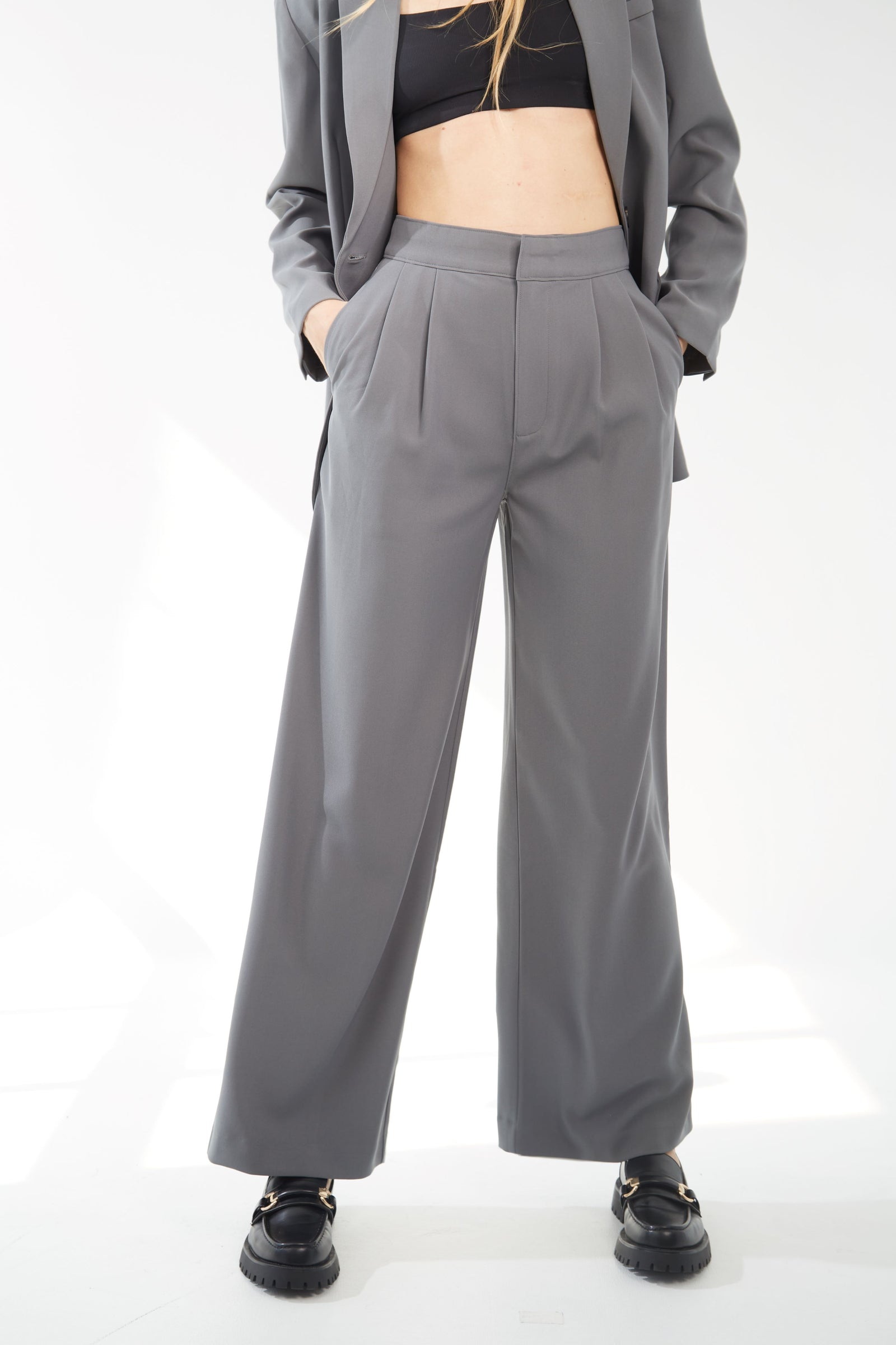 Pleated Wide Leg Trousers - Steel Grey – Moonynyc