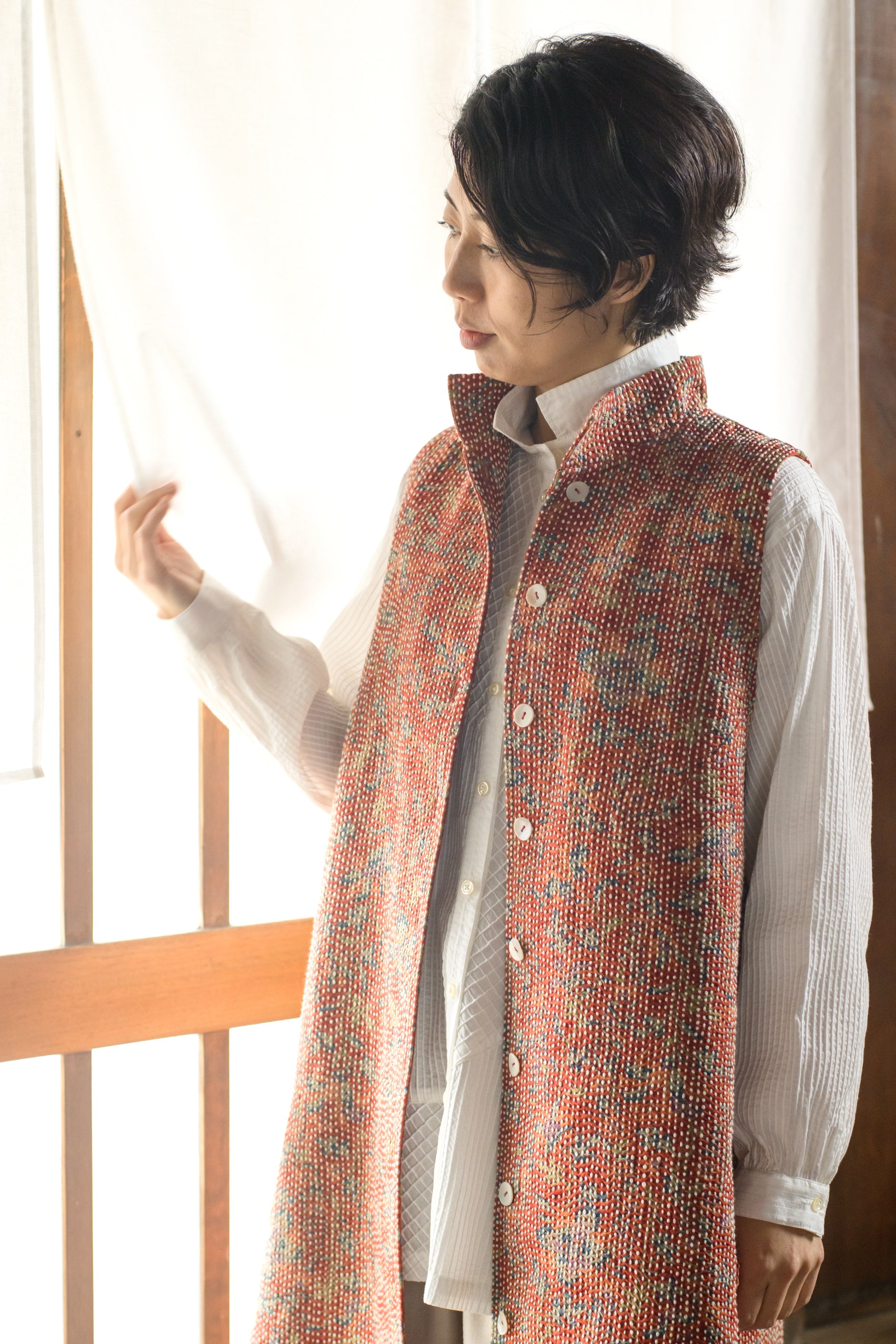 刺し子更紗紬ロングベスト | ムー・ジュ ムナカタ