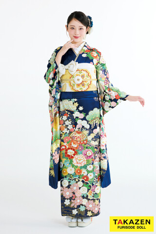 TAKAZENの振袖 /紺色/青色/古典/牡丹柄/ 最新作プレミアム古典 紺色