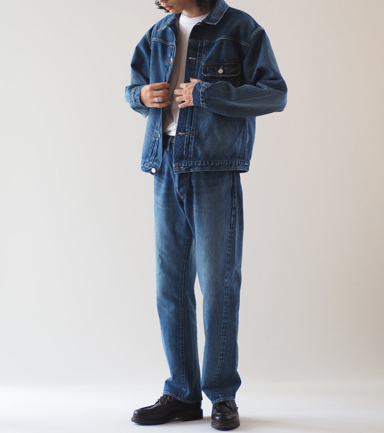 CIOTA New Single Pocket Denim Jacket , Medium Dark Blue(damage