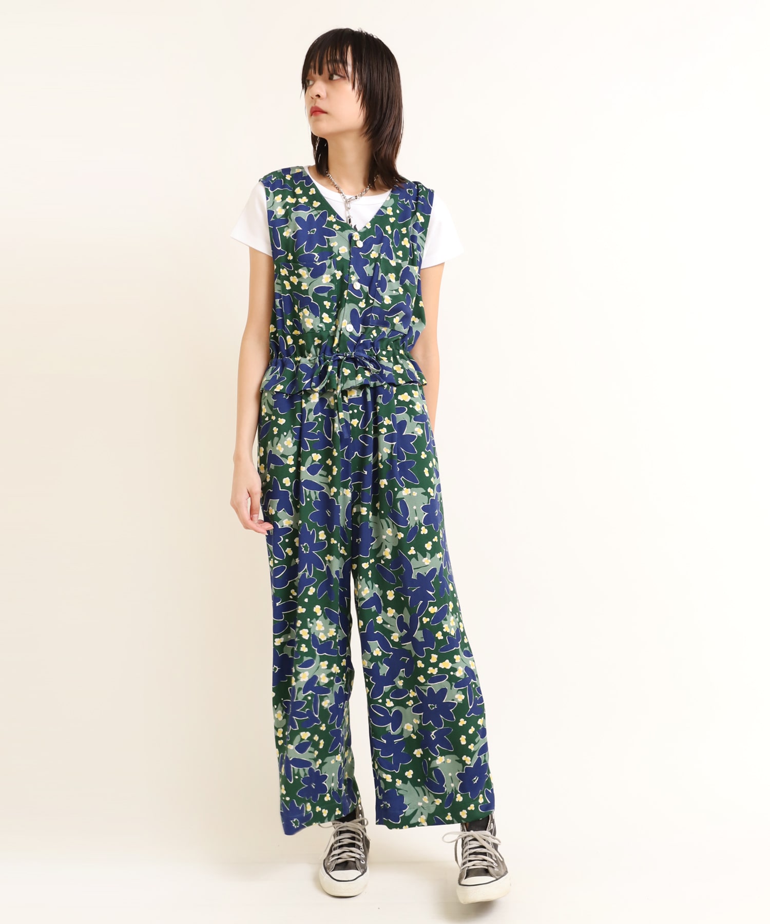 O0648 MIXフラワー柄オールインワン(M グリーン): オールインワン