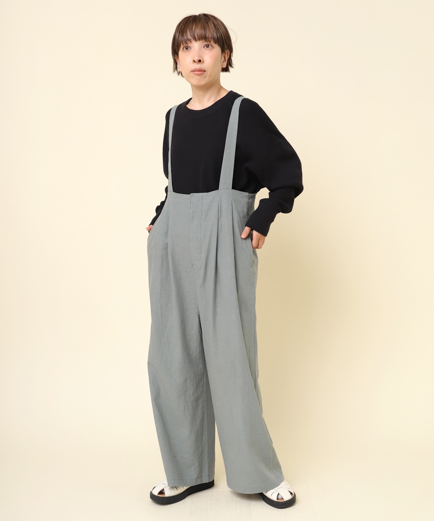 O0714 レーヨンリネンサロペット(M アーミーグレー): オールインワン