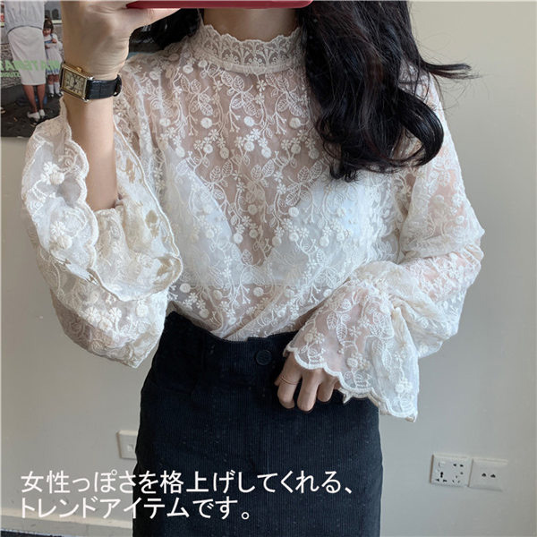 Newjoy / 総レース 長袖 ブラウス ホワイト/アイボリー 透け感