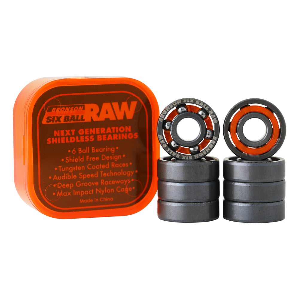 Six Ball Raw Shieldless Skateboard Bearings | Bronson Speed Co.