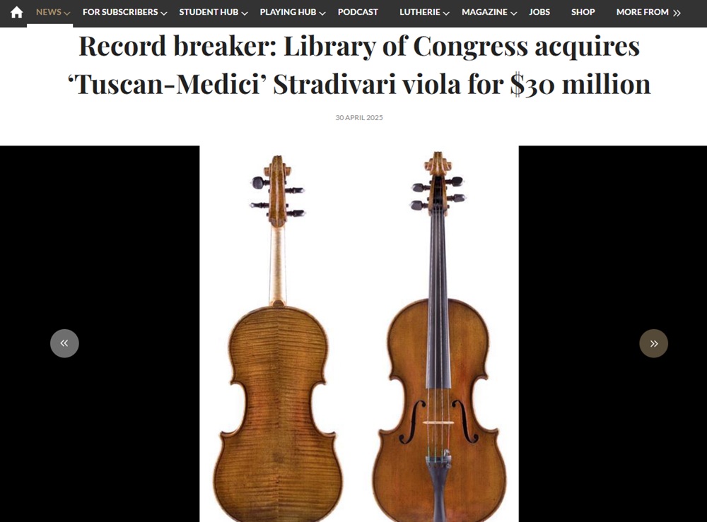 先日史上最高額が出たばかりのストラディバリウス、今度はヴィオラで