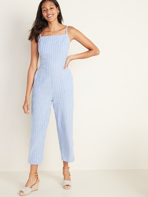 Square-Neck Linen-Blend Striped Cami Jumpsuit | Old Navy