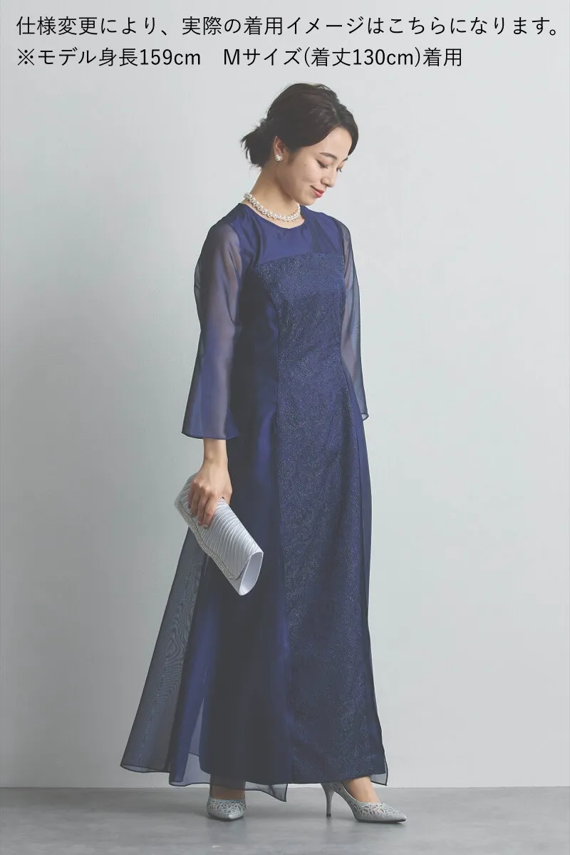 シルバーのラメ刺繍シフォン切替ロングドレス [ 店頭販売価格 59,400円