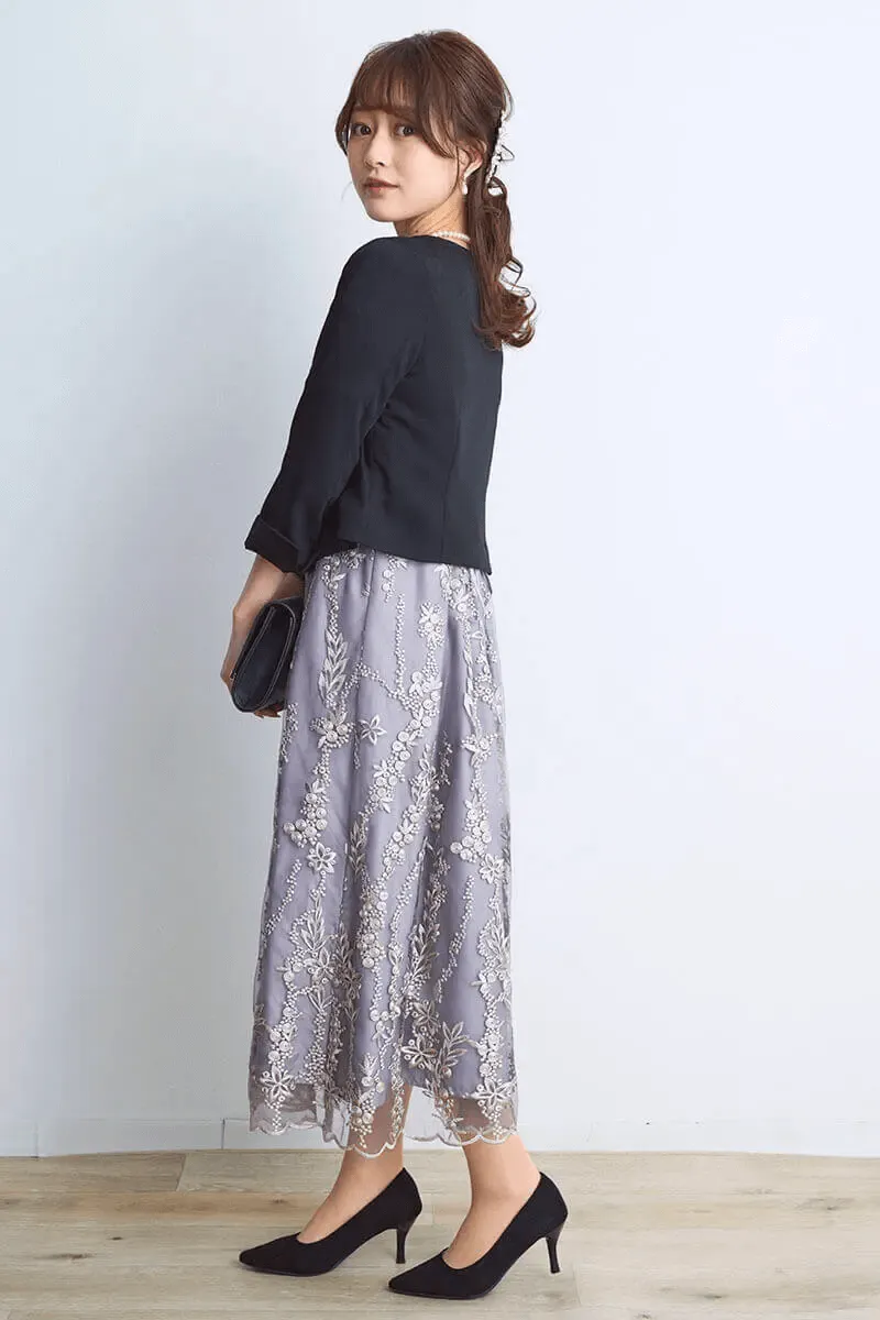 シルバーグレーの花柄刺繍ミディ丈ドレス[LL] Select Shopのレンタル