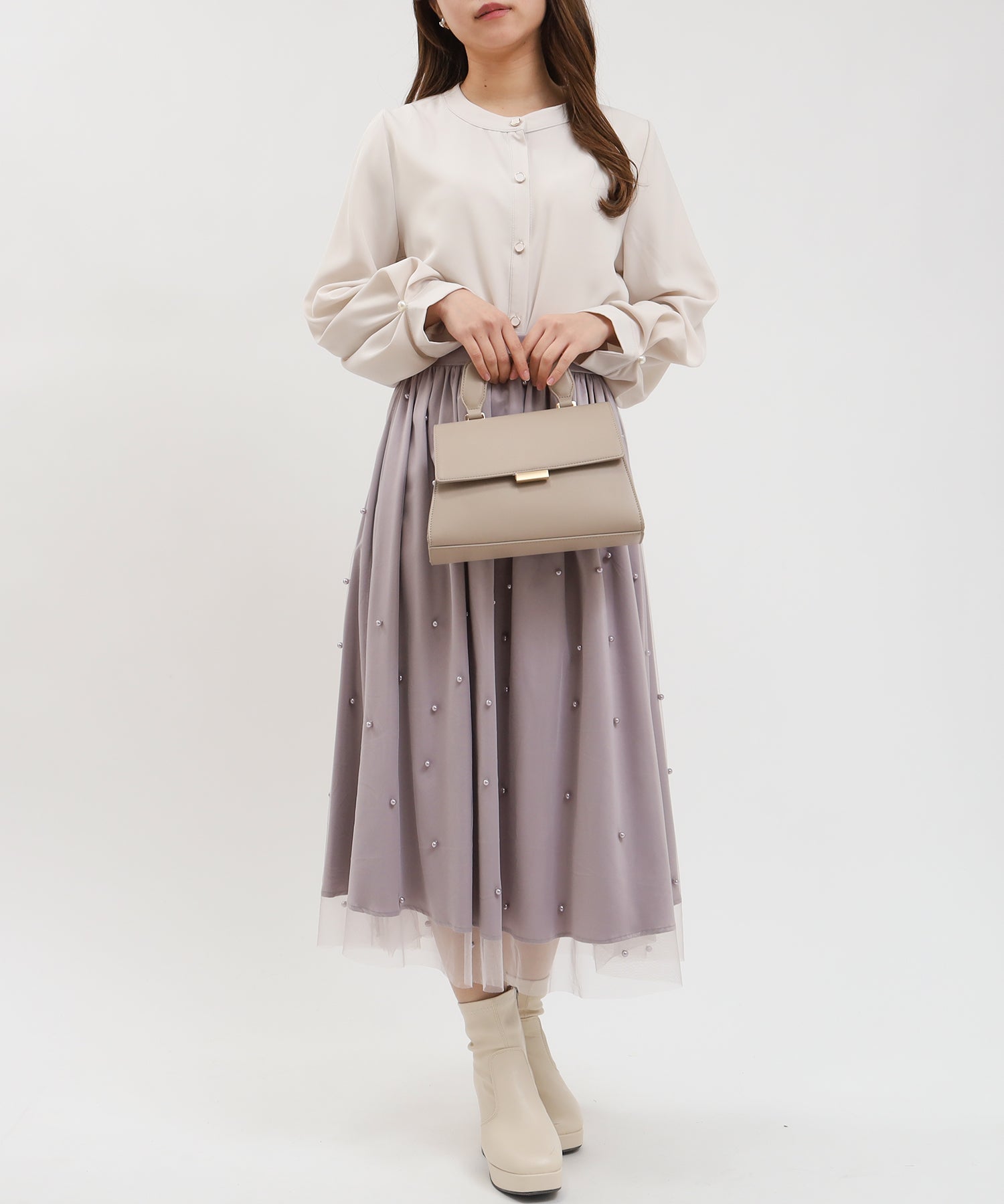 配色袖パールブラウス