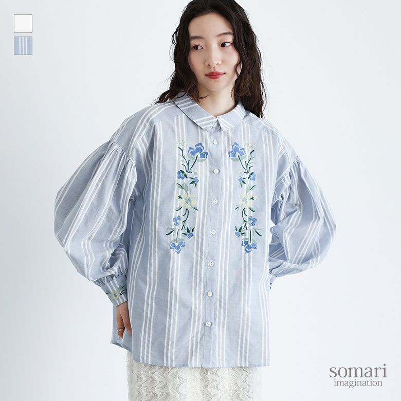 somari imagination花柄刺繍ボリューム袖シャツブラウス』