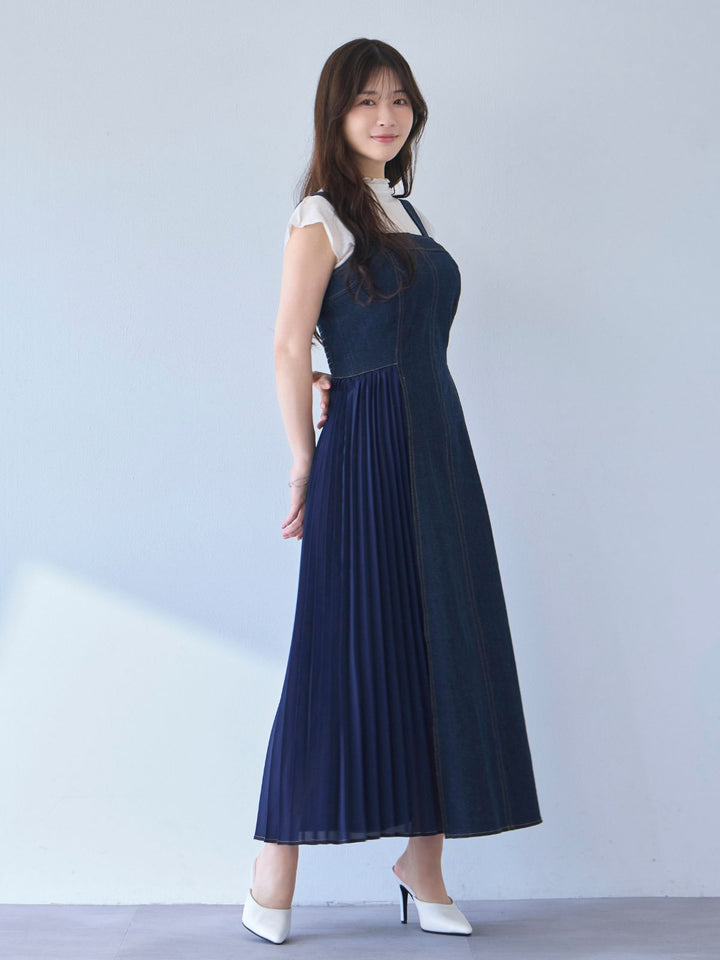 肩紐外せるサイドプリーツデニムジャンパースカート 25SS：インディゴ