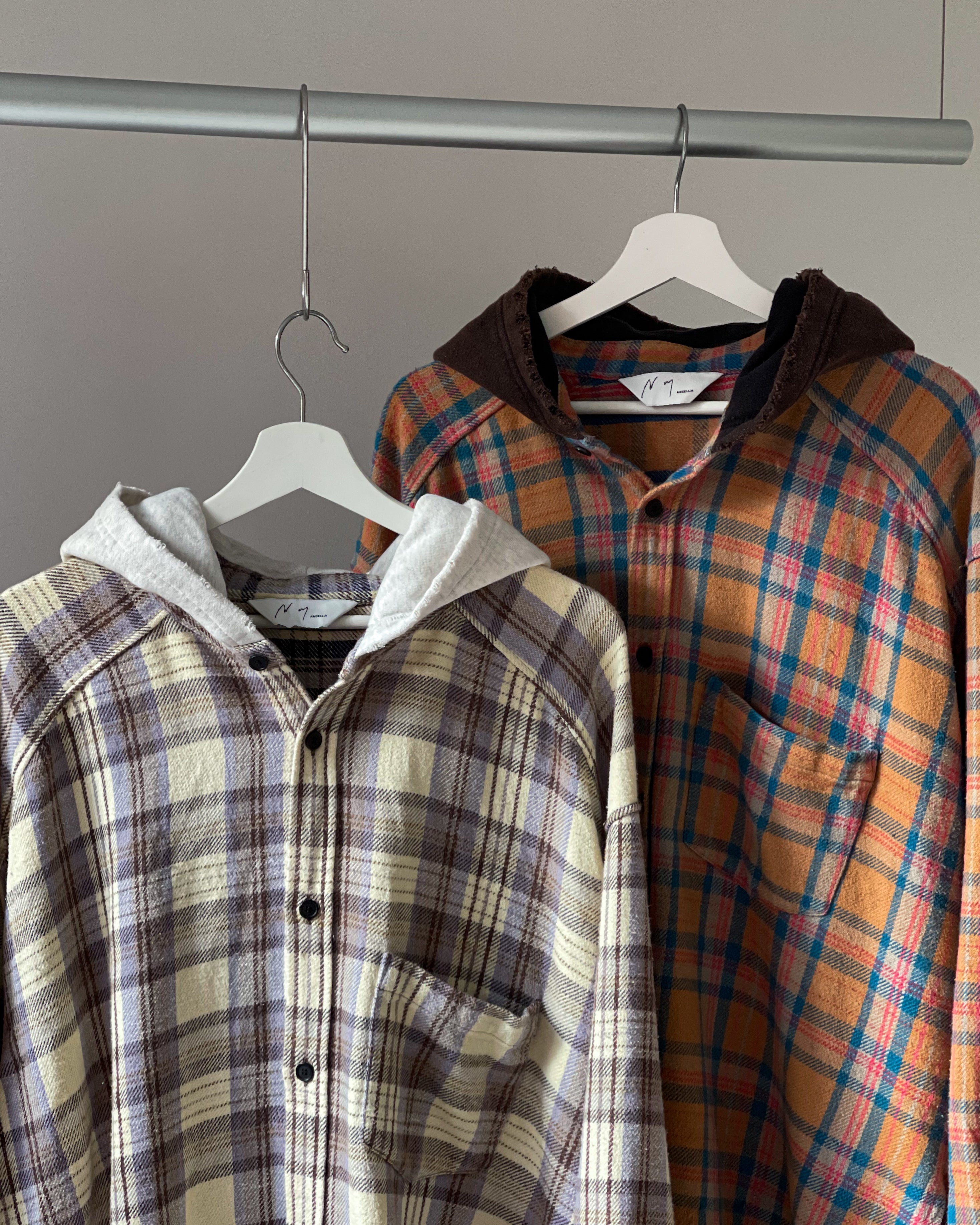 ANCELLM】NEL CHECK HOODIE SHIRT - CAMEL