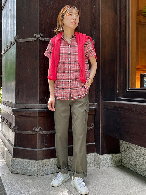 Mademoiselle NON NON『超長綿リネンローンシャーリング チェック半袖