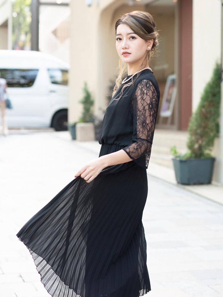 プリーツシフォンワンピース(ブラック)CR1-323BL-M | パーティドレス