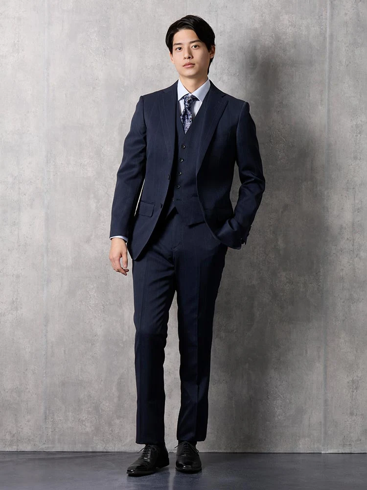 上下洗える】スリーピーススーツ ウインドペン【クラシコ】ネイビー