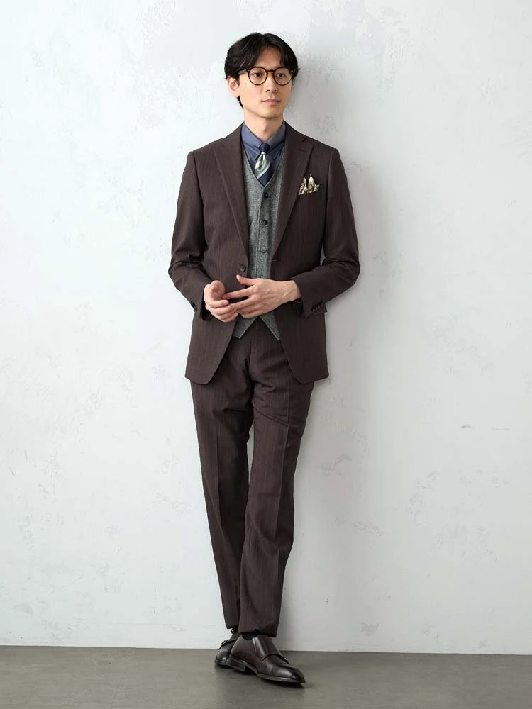 上下洗える/防シワ】WEB限定スーツ ウールライク チョークストライプ