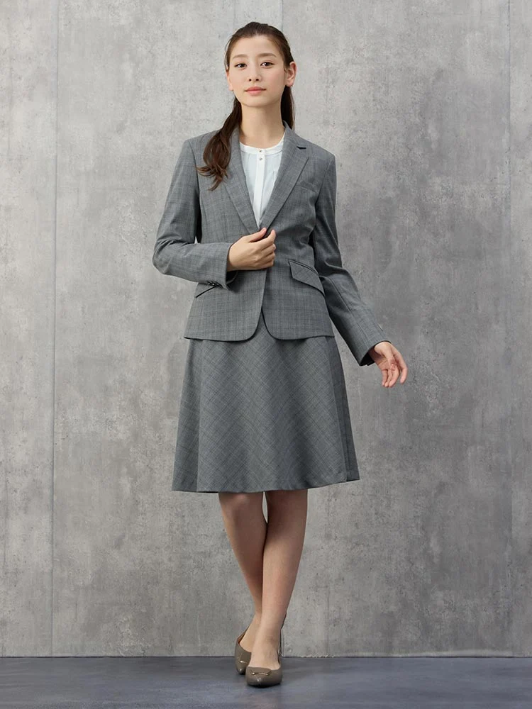 M．グレー デレガントスーツ フレアスカート 先染めチェック グレー