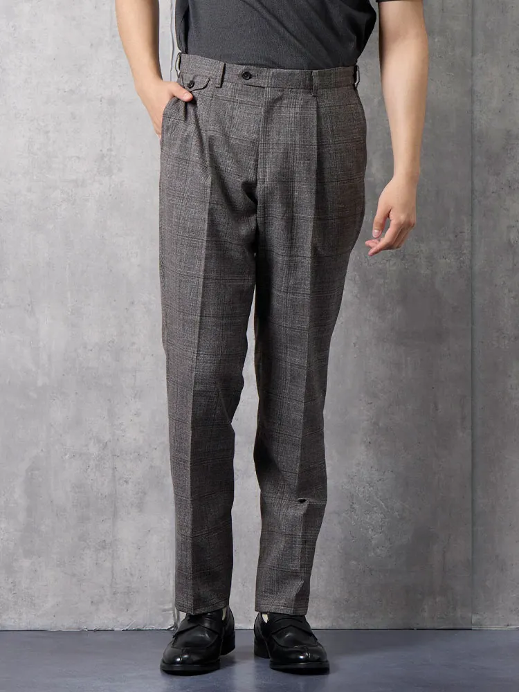 ブラウン リネン混 ウールスラックス チェック ブラウン/ネイビー