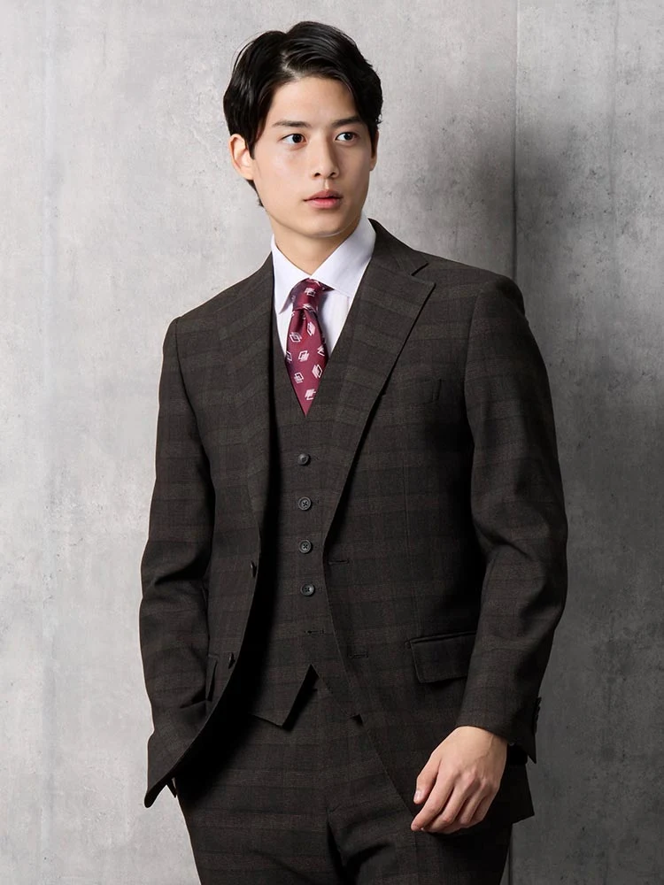 上下洗える】スリーピーススーツ グレンチェック【クラシコ】ブラウン