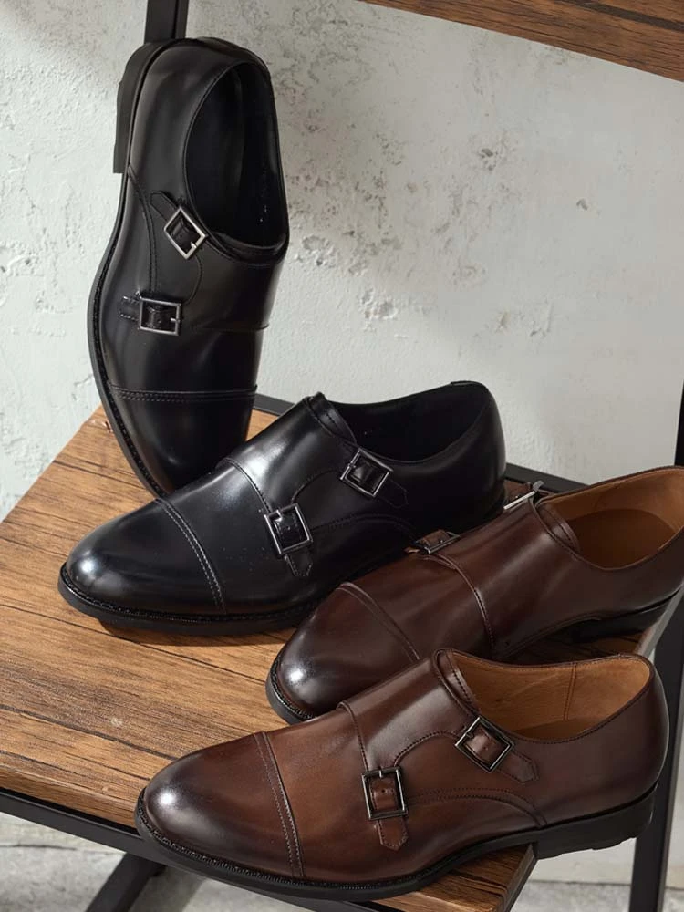 ブラック 本革ダブルモンクシューズ ストレートチップ ブラック