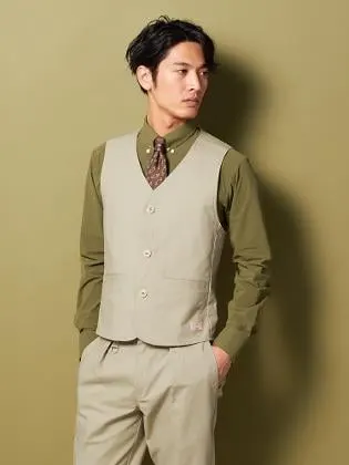 ベージュ Dickies コットンストレッチ ワークベスト ベージュ/グリーン