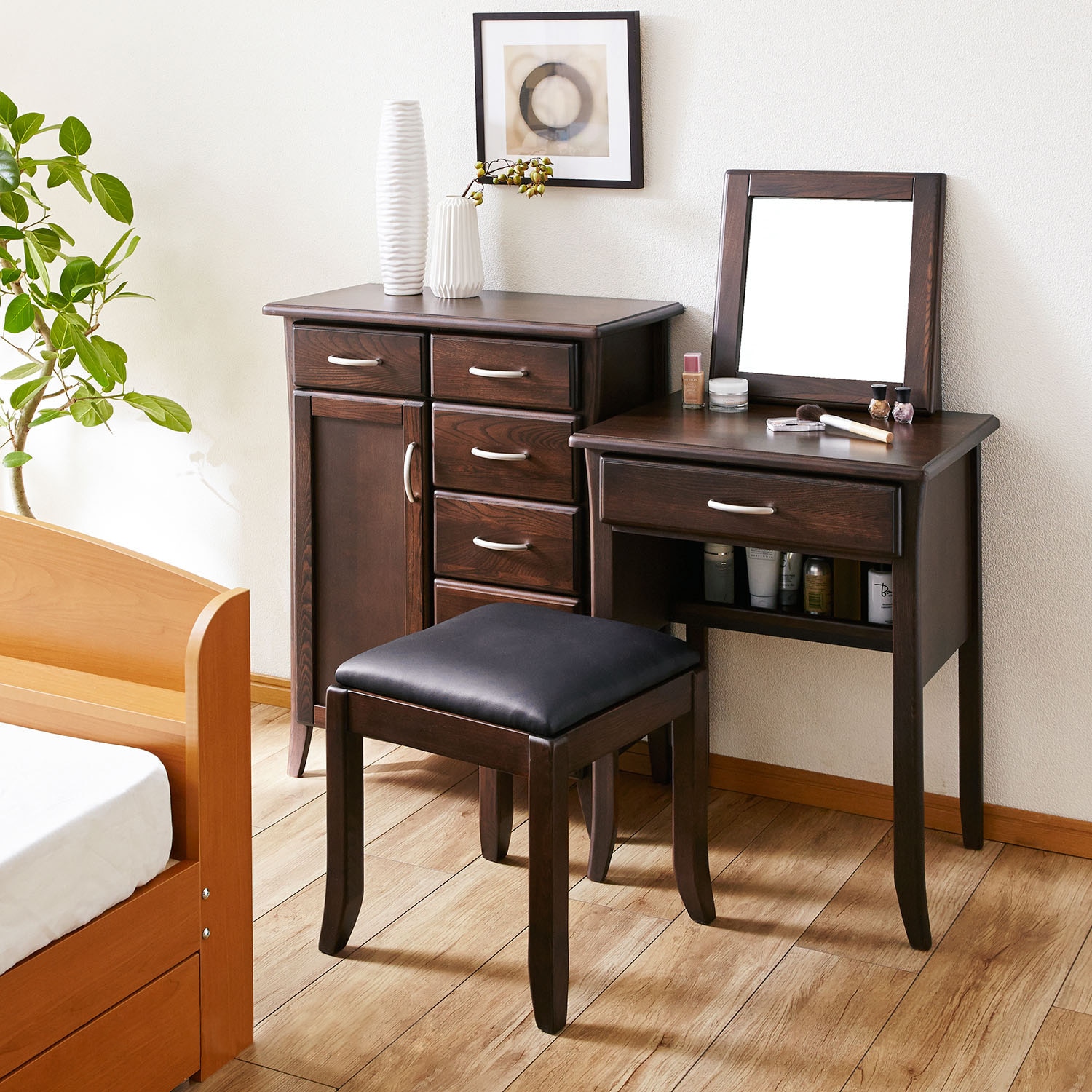 ニレ材のドレッサ＆スツールセット（ドレッサー/鏡台）｜通販の