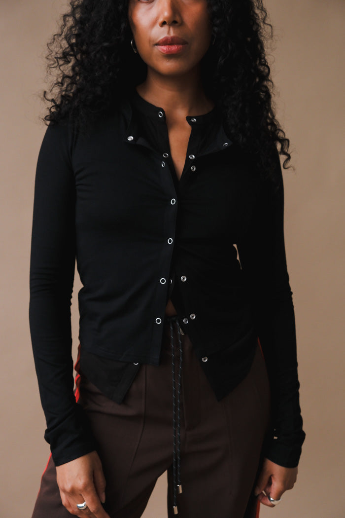 Geel double snap cardigan fitted stretchy black | Pipe and Row