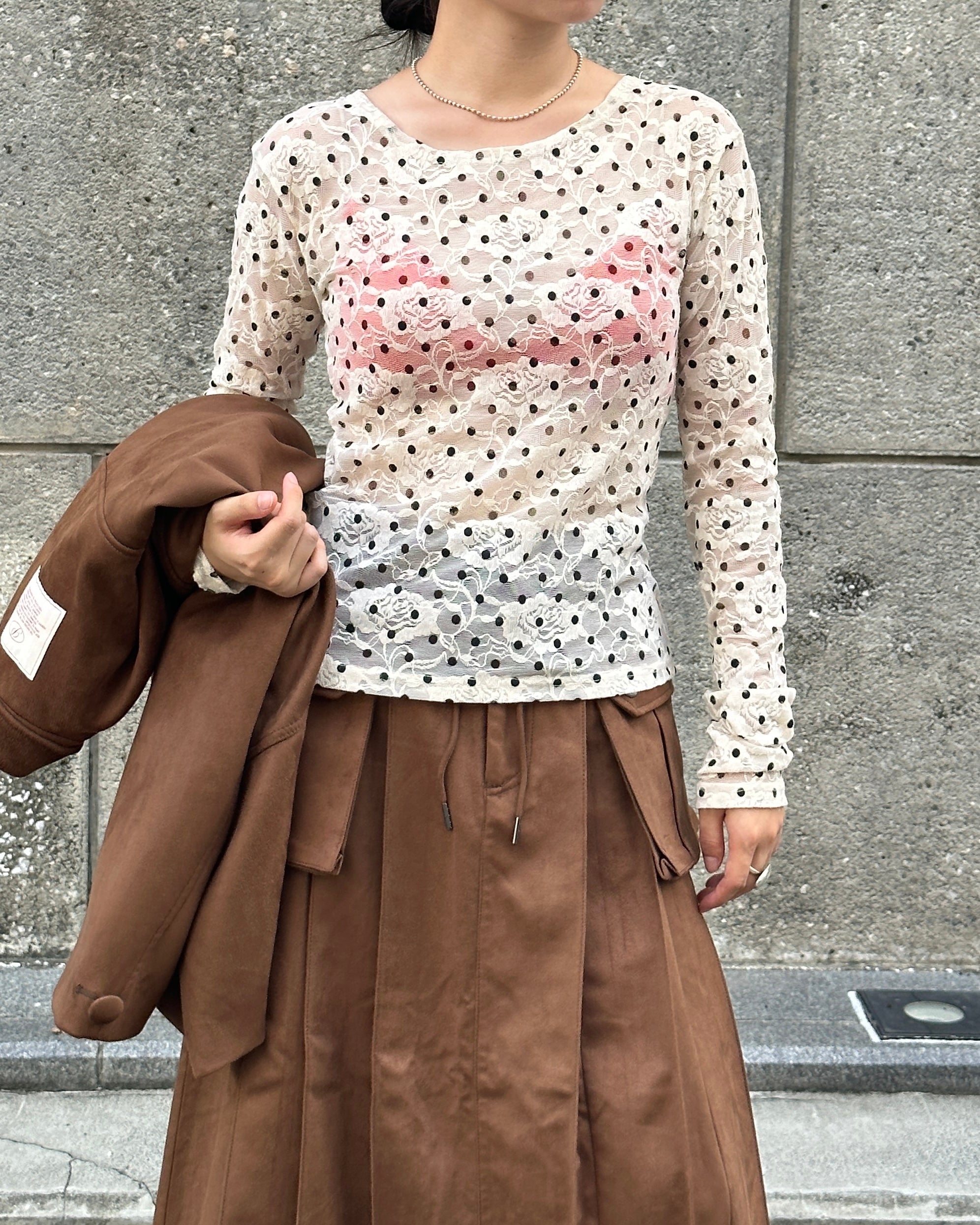 Dot lace see-through top (round neck)