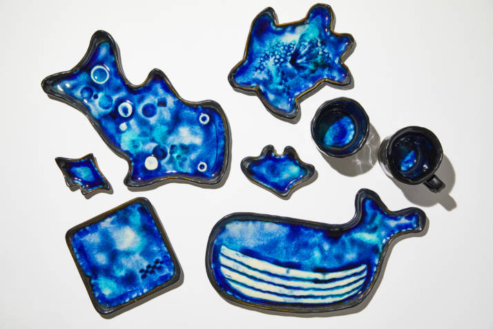 陶芸 石垣焼窯元 石垣ブルー 隅折れ角皿プレート インテリア雑貨 飾り