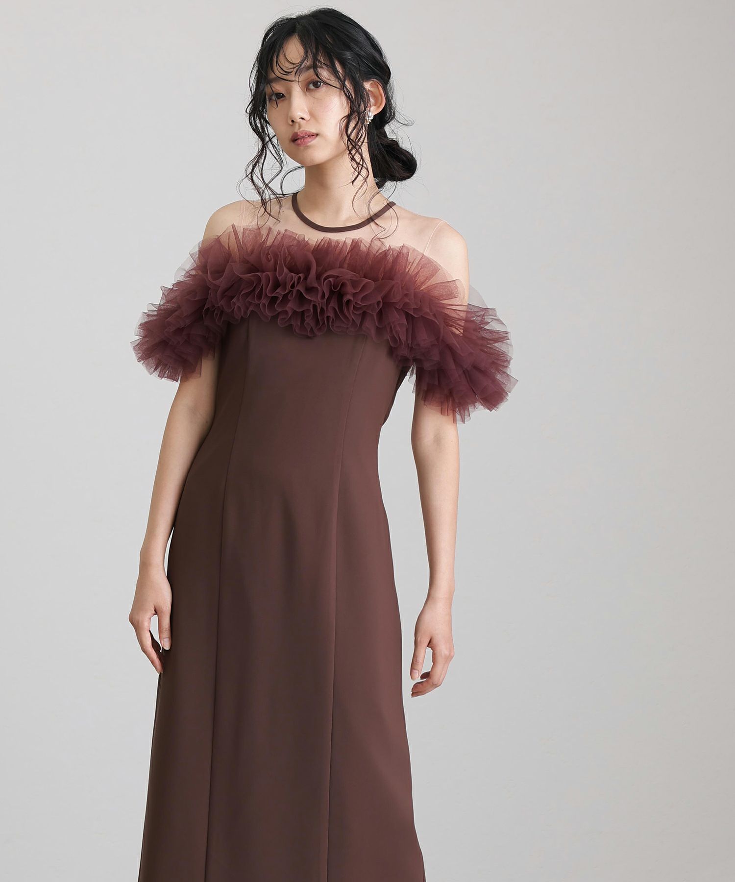 低身長用サイズあり】ギャザーチュールオフショルダードレス