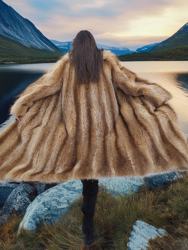 Raccoon Fur Coat M - Red Raccoon Pelts | Notch Collar, Pockets