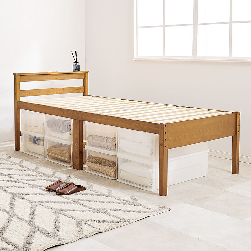 敷き布団OK＞高さ調整3段階 すのこベッド シングル 棚付き ハイタイプ