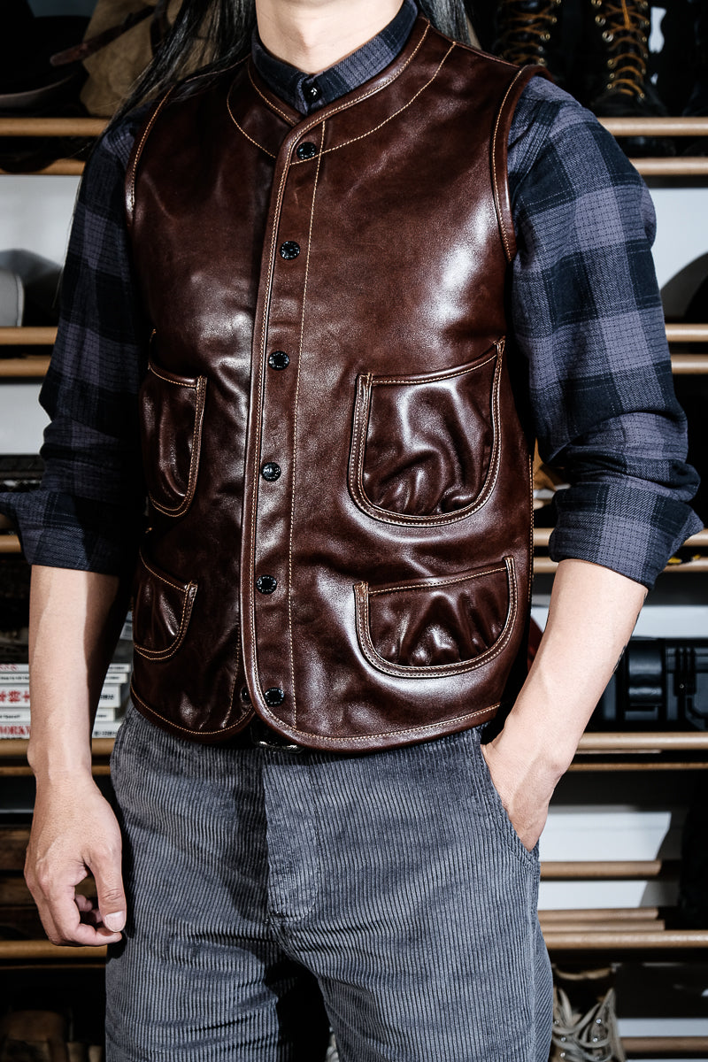 売切】1940年代 ホースハイド レザーベスト ビンテージ クルミボタン