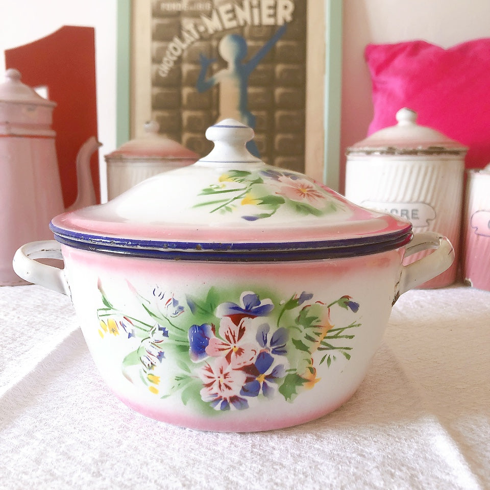 フランスJAPYジャピー社 アンティークホーロー両手鍋 ピンクローズ