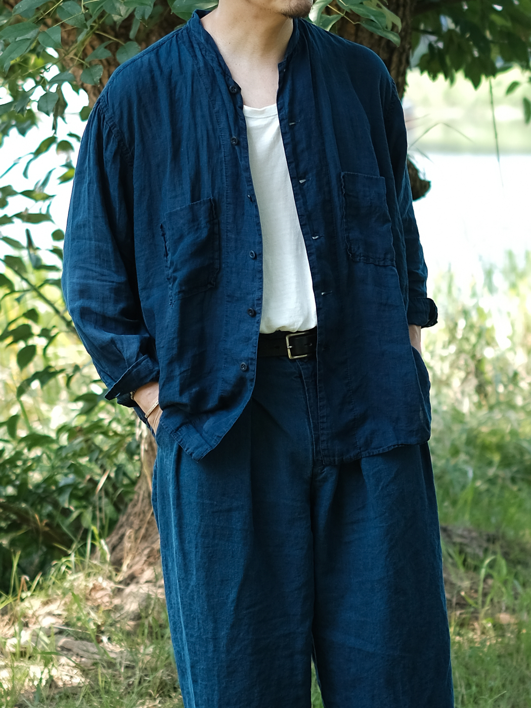 別注 Stand collar wide long sleeve shirt (Medium linen gauze) col