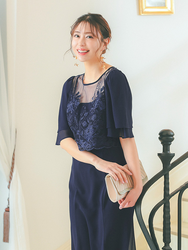 SALE] フラワー刺繍シフォンスリーブワンピースパーティードレス(S