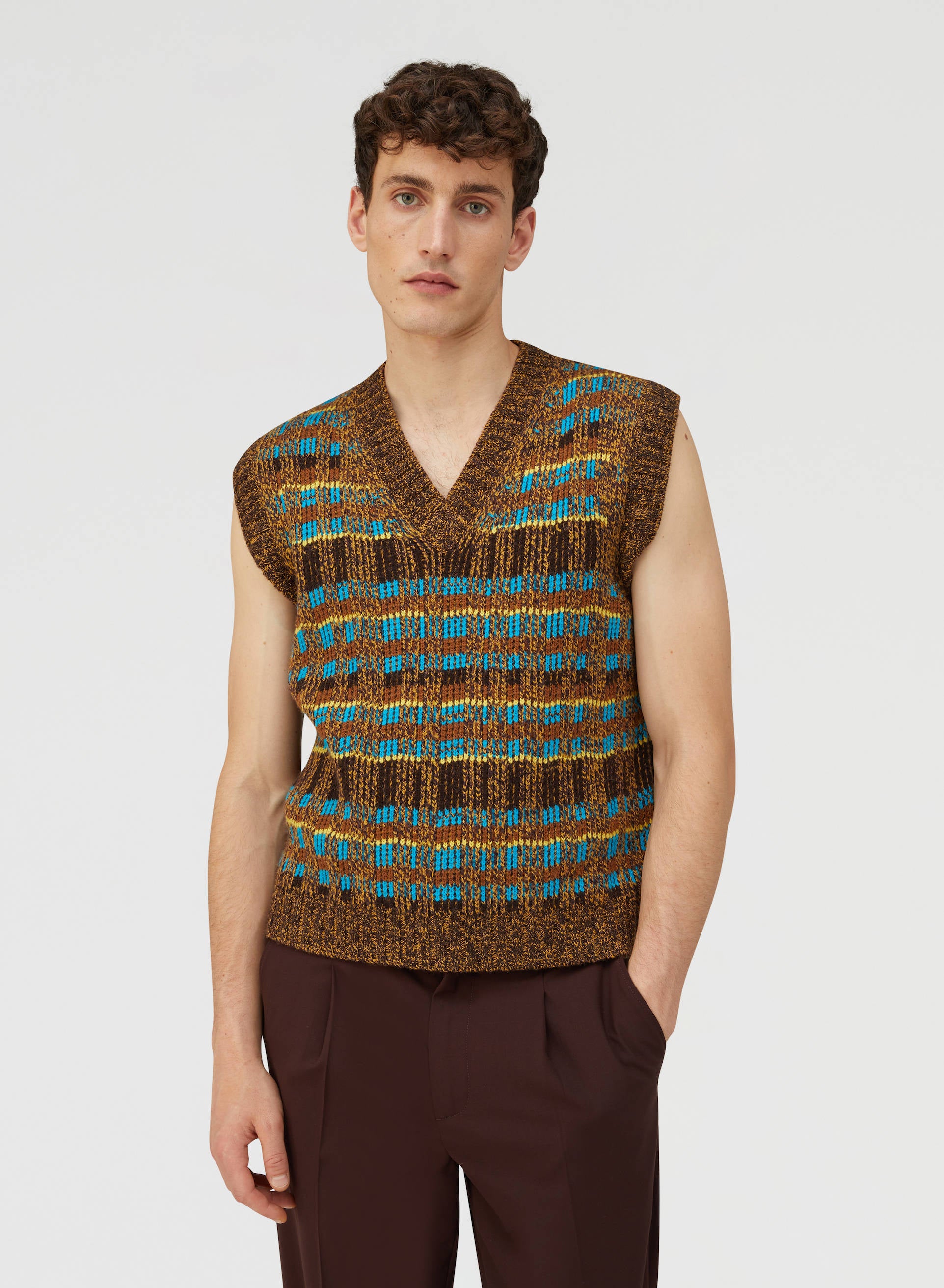Jacquard Weaved Vneck Vest Chocolate And Turquoise - Luxury Vests