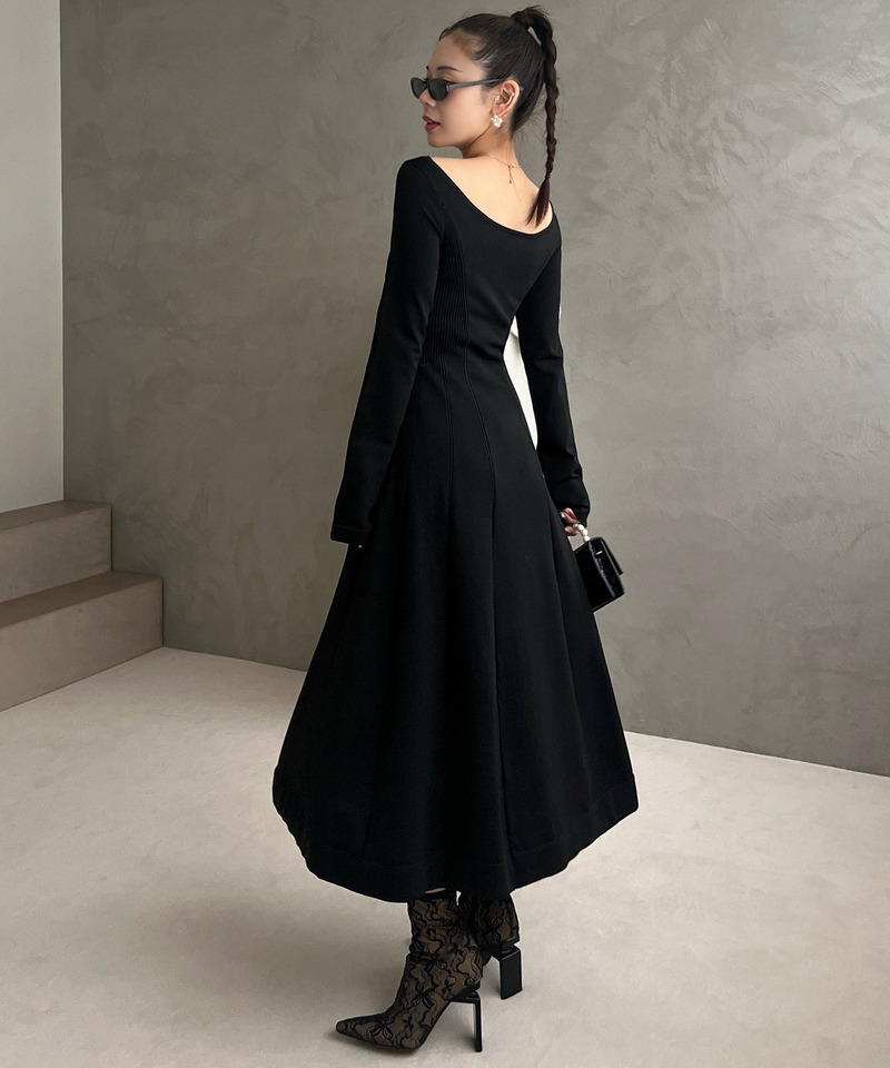 オープンネックシェイプアップニットフレアワンピース｜ROYAL PARTY